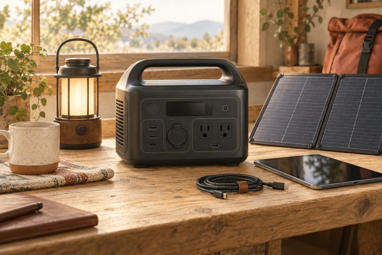 Portable power station beside a lantern and folded solar panel